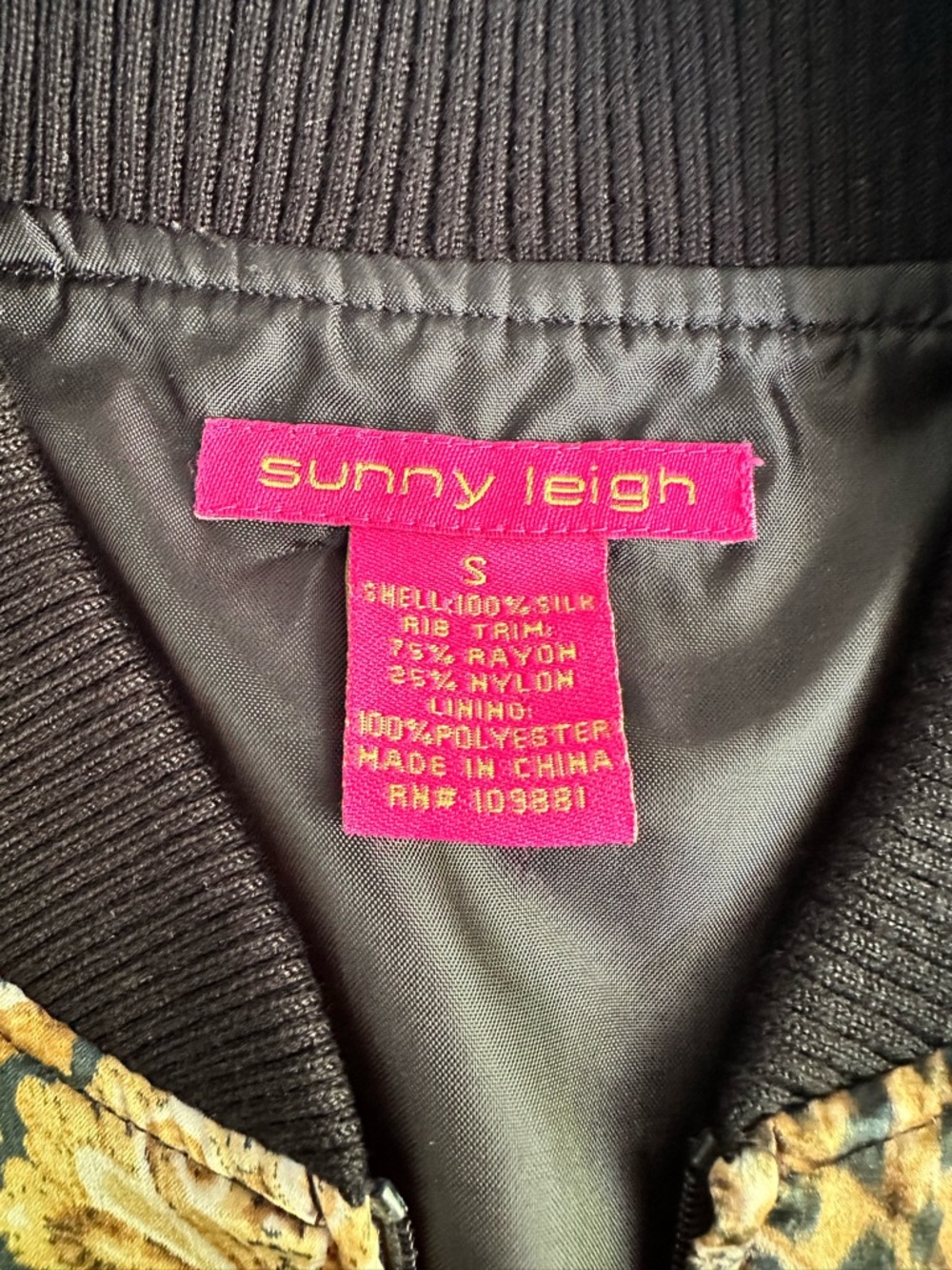 Sunny Leigh 100% Silk Leopard Paisley Bomber Jacket Black Ribbed Trim Size S - Picture 3 of 12